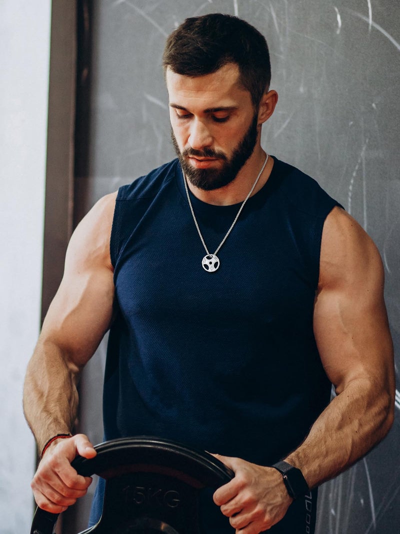 U7 Men Fitness Dumbbell Necklace Stainless Steel Weight Plate Barbell Chain Pendant Necklace - Image 5
